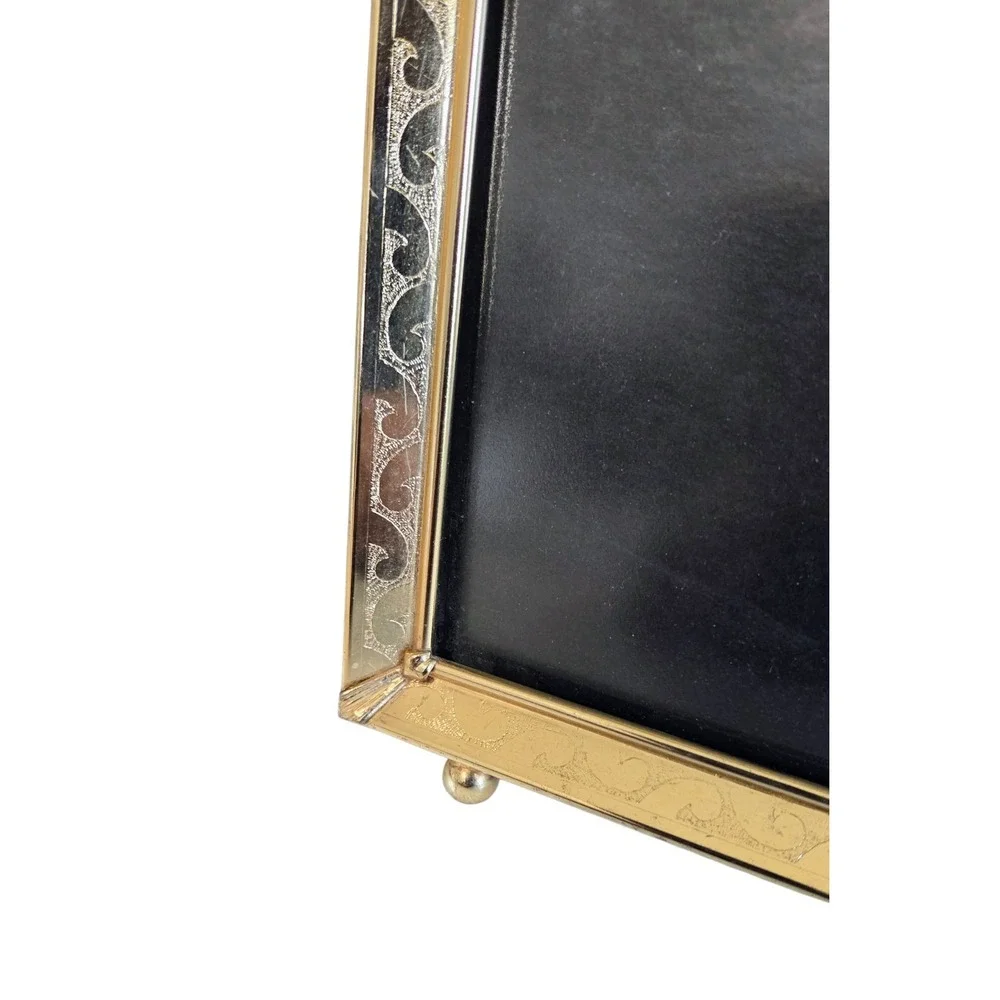 Vintage Etched Scroll‎ Brass Picture Photo Frame 8x10 Shiny Gold Tone Footed MCM